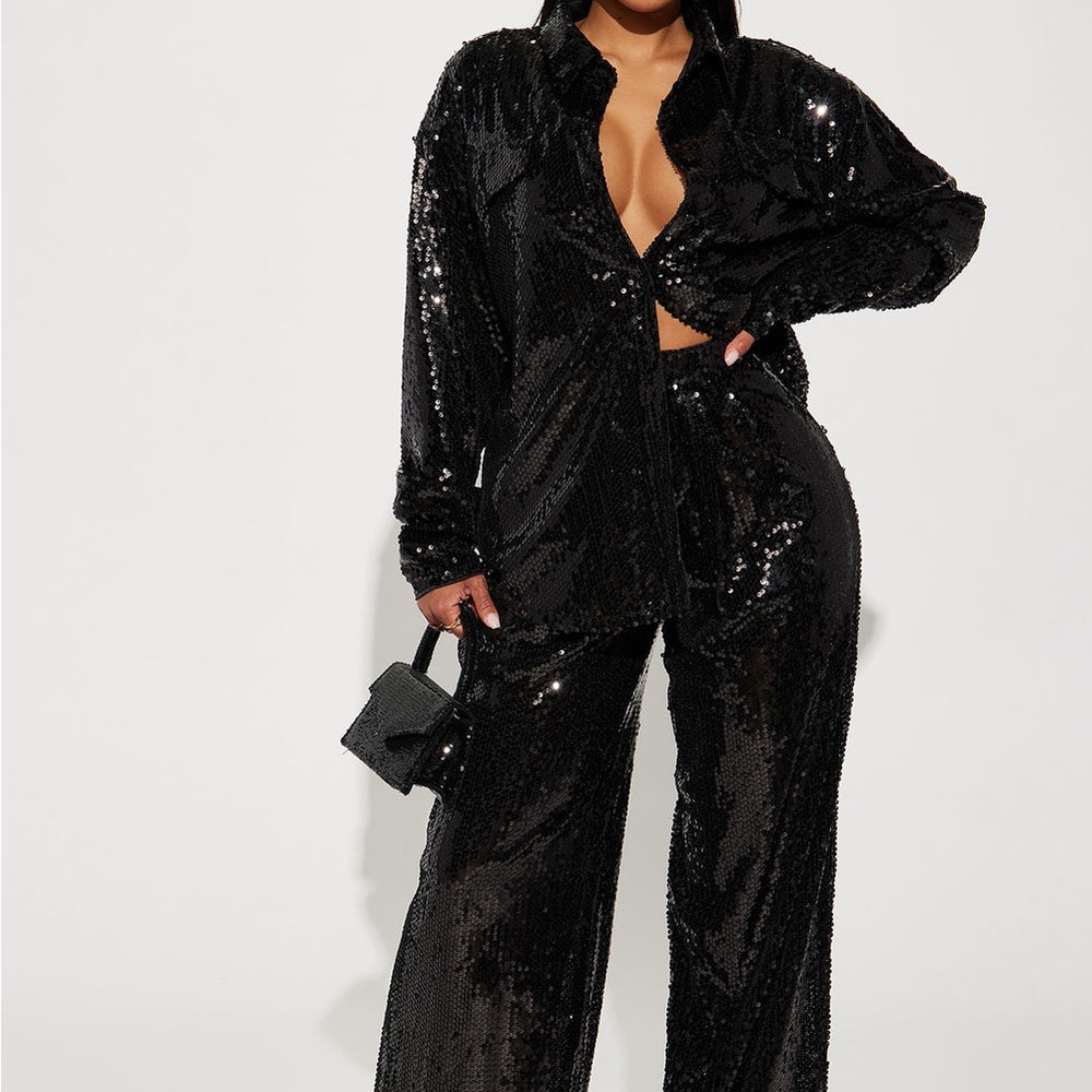 Black Sequin Women's Pants & Shirt Set